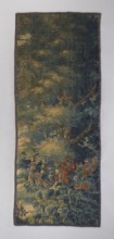 Fragment of verdure tapestry depicting flowers, leaves, floral ornaments, trees, birds, pastoral