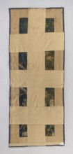 Fragment of verdure tapestry, flowers, leaves, floral ornaments, trees, birds, landscapes, interior