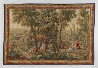 Figural tapestry, Chodecz Kuyavian-Pomeranian Voivodeship; flowers, floral ornaments, dogs,