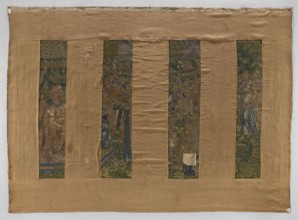 Figural tapestry. In the foreground, on the right, on a throne under a canopy sit two male figures