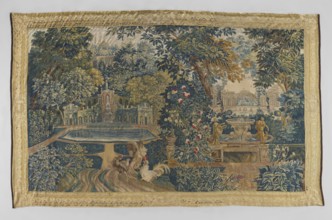 Tapestry — verdure. In the foreground, two fighting roosters. On the right, a fountain in the form