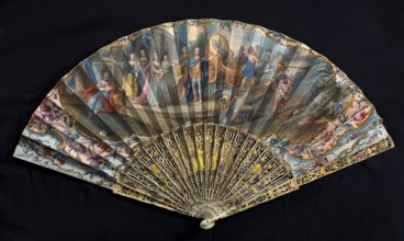 Fan, double-sided fan, paper painted with gouache and gold dust. On the obverse, a scene of two