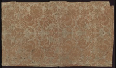 Fabric fragment. Fragment sewn from two salmon-white damask-type fabrics promoted stripes,