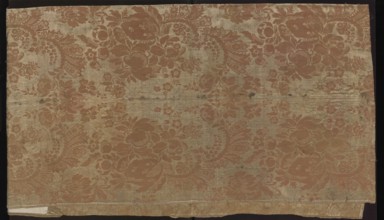 Fabric fragment. Fragment sewn from two salmon-white damask-type fabrics promoted stripes,