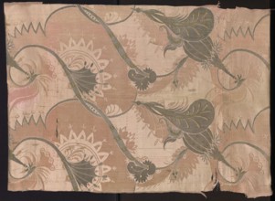 Fragment of pink silk brooch fabric with a fanciful and floral pattern in the Bizarr type. Early