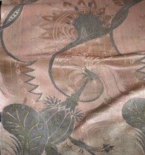 Fragment of pink silk brocade fabric with a fanciful floral pattern in the Bizarr style. Motifs: