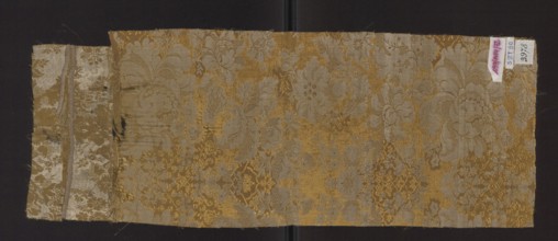 Fabric fragment, fragments of silk fabric, patterned two-color damask in olive and white. Weave