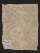 Fragment of silk fabric, patterned floral damask with plain weave background and lisere pattern;