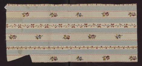 Fabric fragment, fragment of silk fabric with a pattern of alternating vertical stripes of blue and