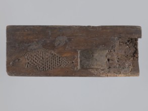 Double-sided gingerbread mold; obverse: seven motifs — a heart, a rooster, a dog in front of a