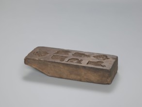 Double-sided gingerbread mold; obverse: seven motifs — a heart, a rooster, a dog in front of a