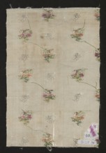 Fabric fragment. Fragment of silver-and-white silk fabric with miniature flower bouquets and floral