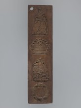 Double-sided gingerbread mould. Obverse: four images—top: female figure in a long patterned dress