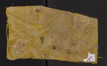 Fabric fragment, fragments of silk patterned fabrics, yellow silk damask, embroidered and brocaded
