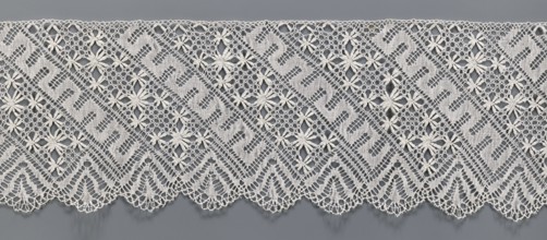 Lace fragment, bobbin lace. White, section of a strip with a pattern of diagonal stripes with