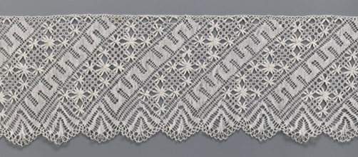 Lace fragment, bobbin lace; section of a strip. White, with a pattern of diagonal stripes with