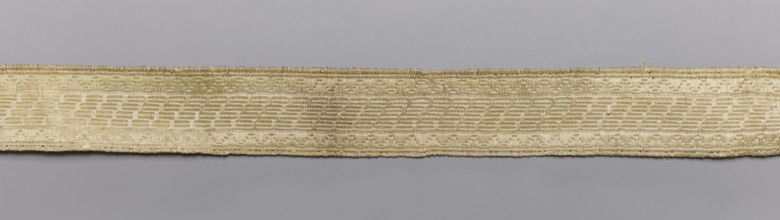 Gallon, galloons haberdashery, geometric ornaments, white warp, weft - wire - drawn thread. Faint