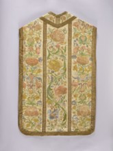 Chasuble, Liturgical vestment made of white silk satin, embroidered with colorful silk threads. The