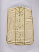 Chasuble, Liturgical vestment made of three types of silk fabrics, trimmed with yellow silk braid;
