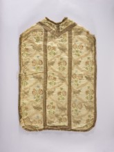 Chasuble, liturgical vestment embroidered on white rep with pastel-colored silks and gold thread in