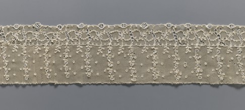 Fragment of lace, lace, ornament: continuous vertical twigs at the top with points between them; at