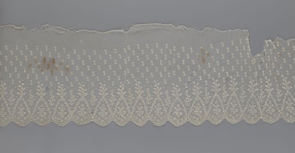 Lace fragment — shuttlecock; lace; clothing accessory; fashion. Lower edge: semicircular serrations