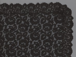 Cape, lace, in the form of a square with two wide, elongated lace ties. Continuous floral ornament