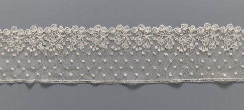 Lace fragment, needle lace Alençon style, 18th century, France. The edge features a broad floral