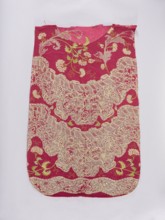 Back of a chasuble. Fragment of red amaranth satin fabric, embroidered; originally likely intended