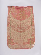 Back of a chasuble. Fragment of red amaranth satin fabric, embroidered; originally probably