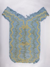 Back of a chasuble made of blue silk rep, embroidered with ribbon motifs tied in the center with