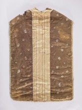 Chasuble, liturgical vestment; 18th century. Silk columns with a pattern of pink and silver stripes
