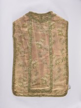 Chasuble, liturgical vestment; large floral pattern and lace motif set against a raspberry
