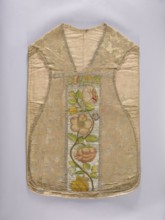 Chasuble, Floral and plant ornaments—flowers and leaves—embroidered in columns on a silver
