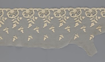 Fragment of lace, lace with plant ornaments, slightly serrated lower edge with shell motifs with