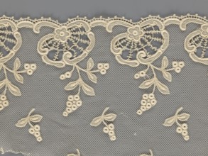 Fragment of lace, lace of, plant ornaments, slightly serrated lower edge with shell motifs and