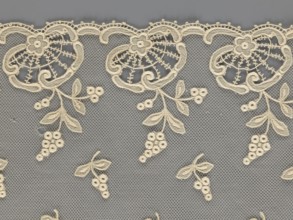 Fragment of lace, lace, plant ornaments, slightly serrated lower edge with shell motifs with