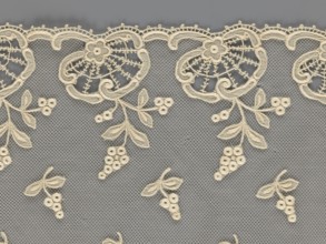 Fragment of lace, lace of, plant ornaments, slightly serrated lower edge with shell motifs with