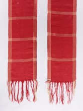 Belt; woolen; red with motifs of three narrow cream-colored trails spaced lengthwise and crosswise