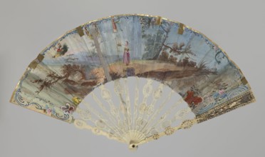Fan, Double-sided fan with an ivory frame and painted paper covering. The obverse most likely