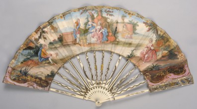 Fan, painted from carved ivory. Feathers decorated with gold and silver metal foil and sequins.