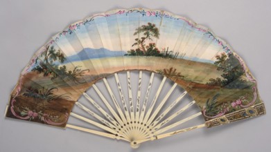 Fan, Fan painted from carved ivory. Feathers decorated with gold and silver metal foil and sequins.