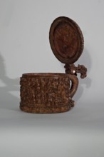 Wooden tankard, carved, probably a peg tankard, religious scenes, Gospel scenes, Resurrection of