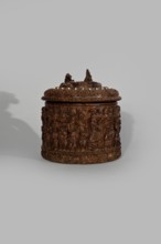 Wooden tankard, carved, probably a peg tankard, maker, religious scenes, Gospel scenes,