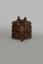 Wooden pear-shaped tankard, probably a peg tankard, carved, round, richly decorated with
