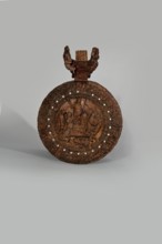 Wooden tankard, carved, probably a peg tankard, Depicts religious/Gospel scenes, including Passion