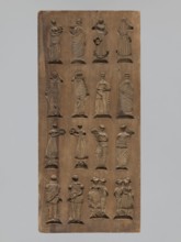 Double-sided gingerbread mould; obverse: 16 images of various figures; reverse: 12 depictions.