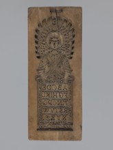 Double-sided gingerbread form. Obverse: figure of an angel with the alphabet. Reverse: various