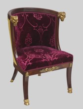 Chair, Empire style mahogany chair with padded seat and backrest, upholstered with patterned velvet