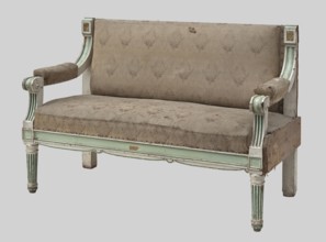 Sofa, upholstered seat, backrest, armrests, carved, lacquered white and green. Front legs turned,